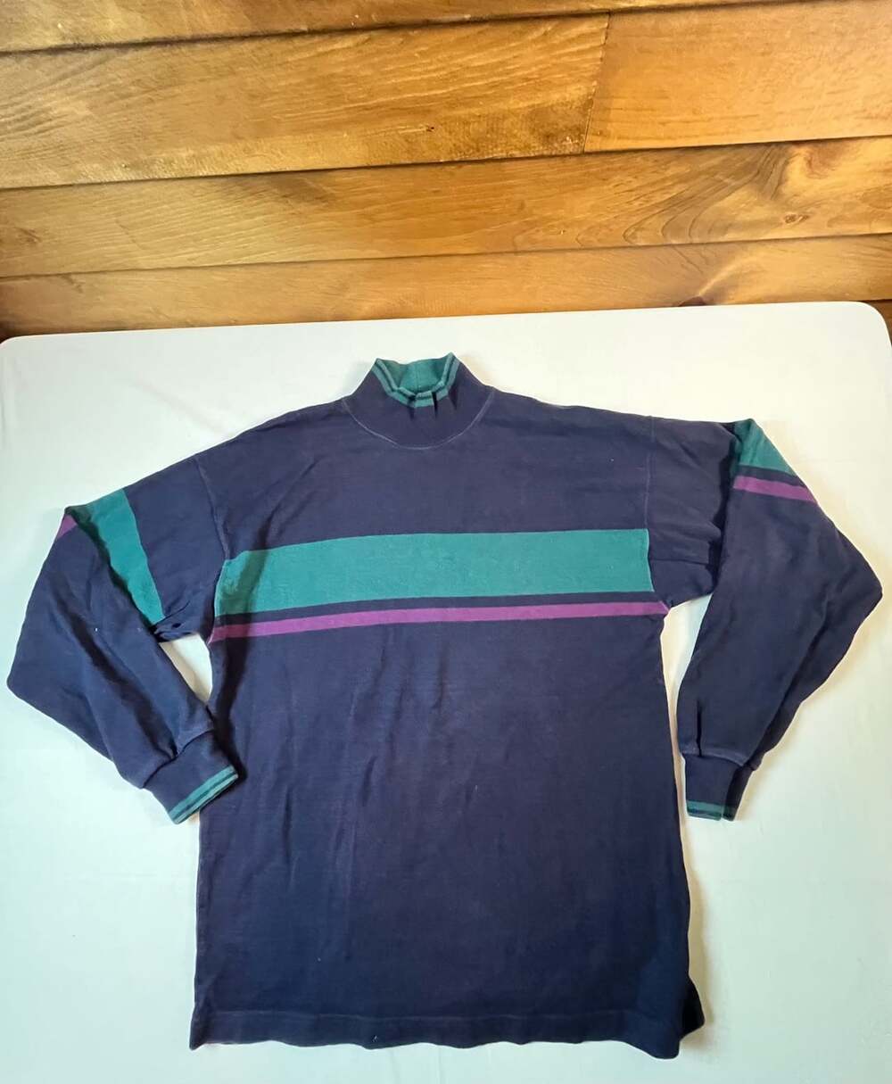 Columbiaknit Mock Neck Striped Long Sleeve Large Shirt Vintage Navy Green 90s